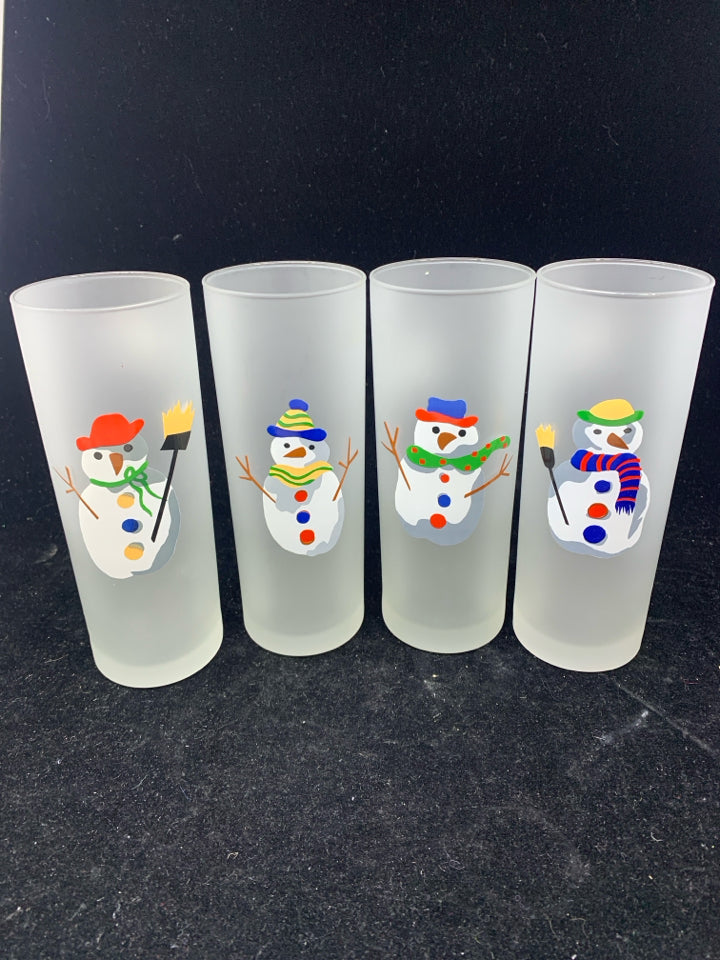 4 TALL FROSTED GLASSES W/ SNOWMEN.