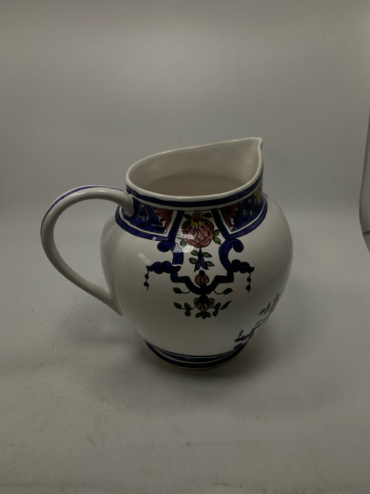 LARGE PITCHER W/ COBALT BLUE DESIGNS PINK FLOWERS.