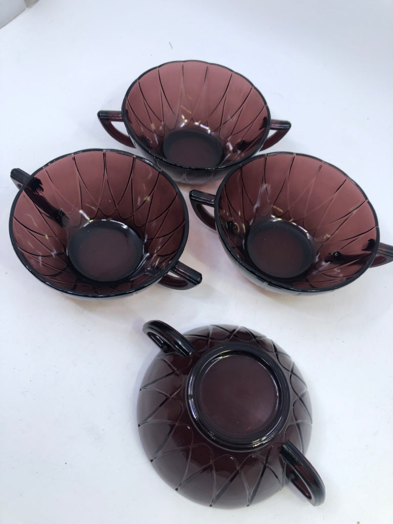 4 VTG PURPLE DOUBLE HANDLE SOUP BOWLS.