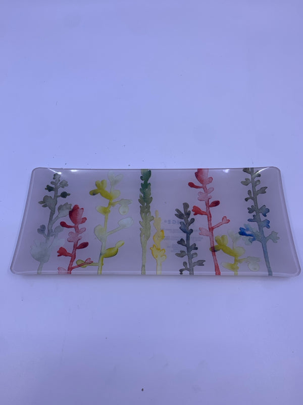 SMALL GLASS RECTANGLE TRINKET TRAY W/ COLORFUL CORAL.