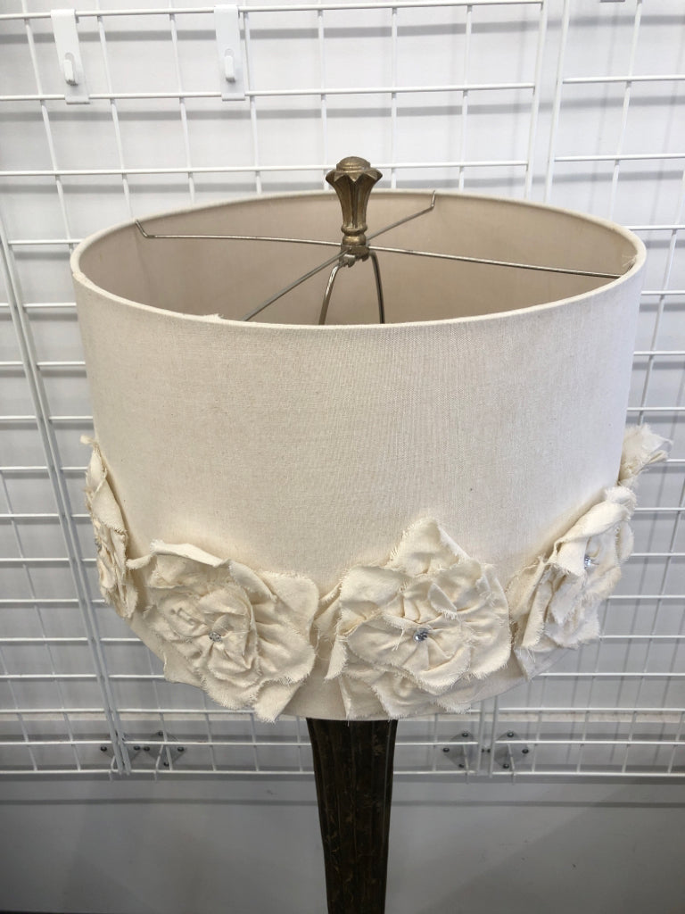 GOLD BASE FLOOR LAMP W WHITE RUFFLED SHADE.