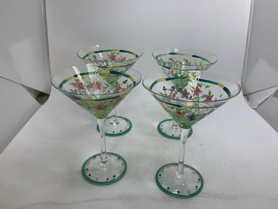 4 FLORAL PAINTED MARTINI GLASSES.