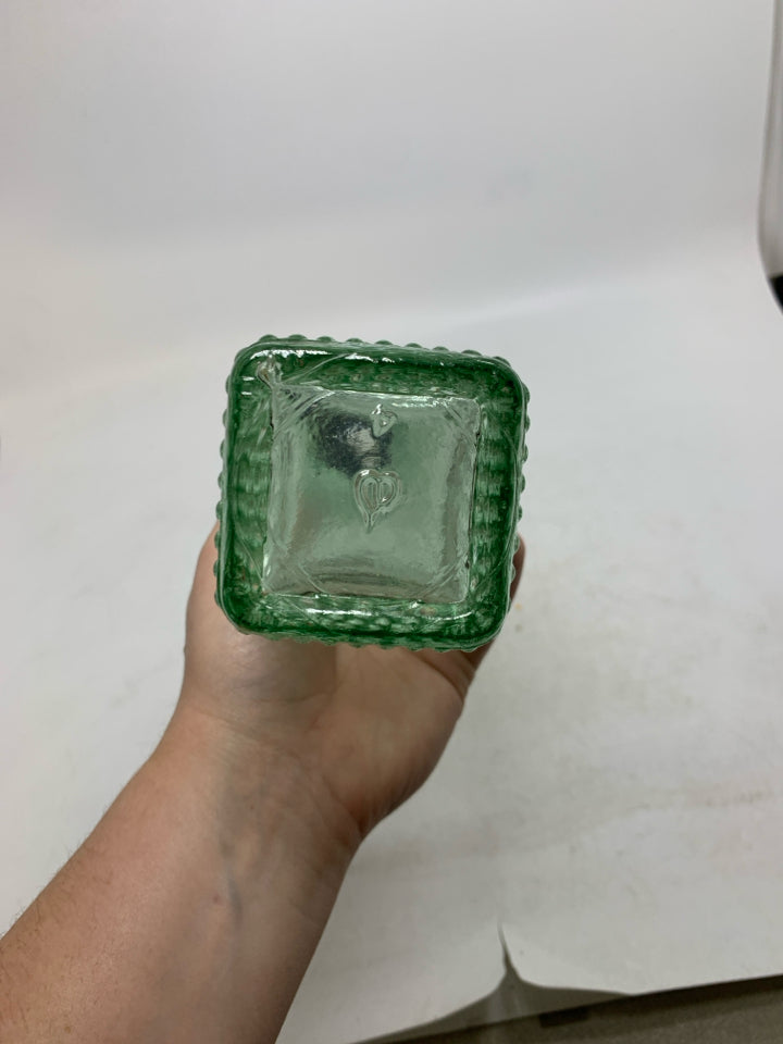 TINTED GREEN GLASS BEADED OIL DISPENSER.