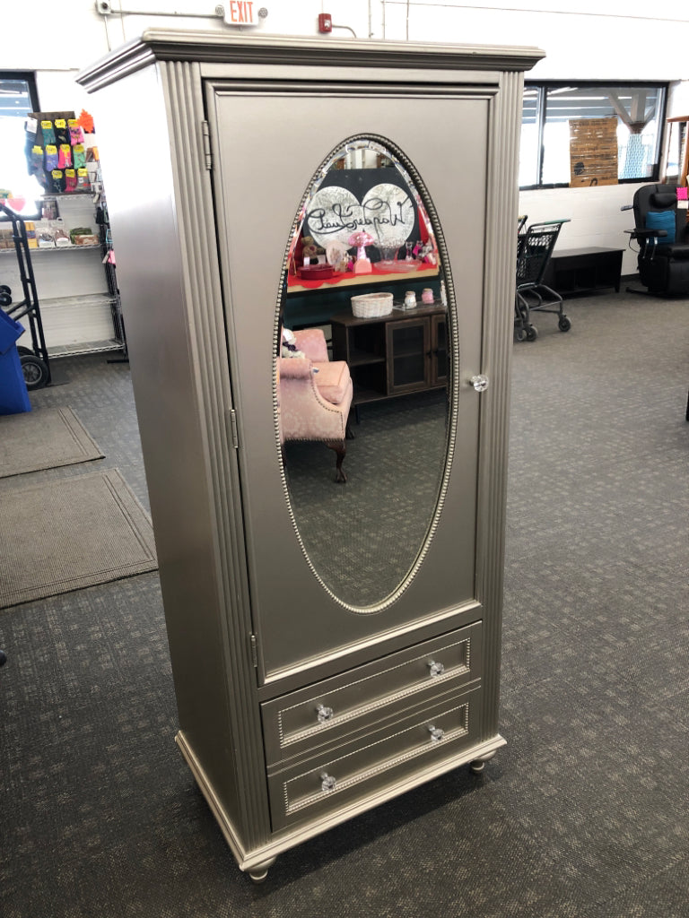 SILVER ARMOIRE W/MIRRORED DOOR & 2 DRAWERS *MINOR WEAR.