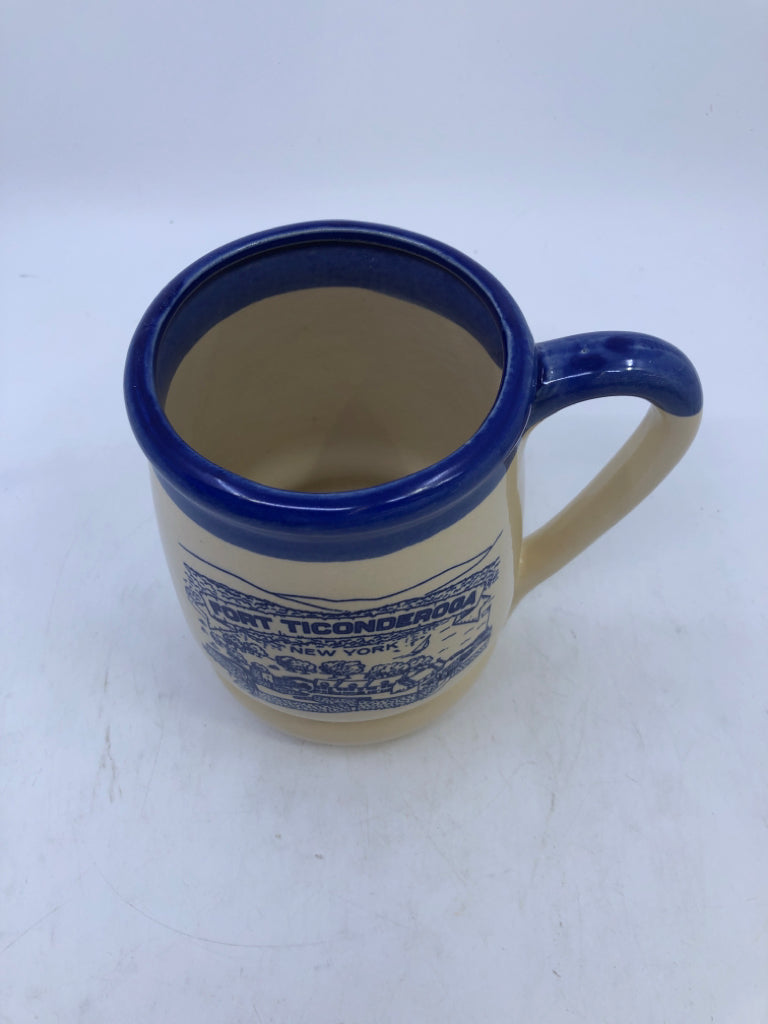 FORT TICONDEROGA CREAM/BLUE CERAMIC MUG.