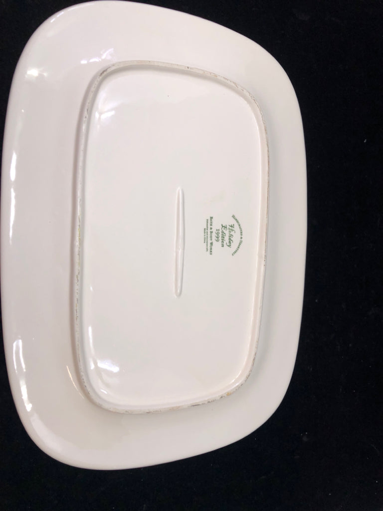 WHITE RECTANGLE GLITTER SNOWMAN SERVING PLATTER.