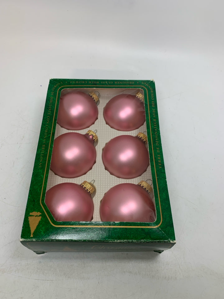 6 LIGHT PINK GLASS ORNAMENTS IN BOX CHRISTMAS BY KREBS.
