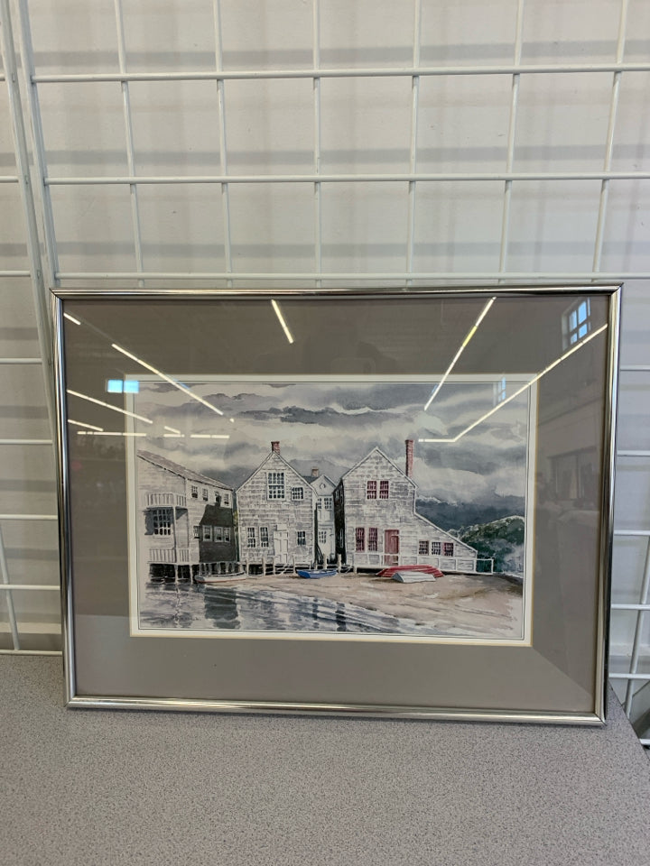 BOAT HOUSE PRINT W/SILVER FRAME.