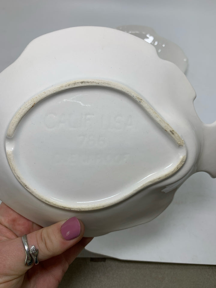 2 POTTERY FISH SHAPED TEXTURED TEA LIGHT HOLDERS.