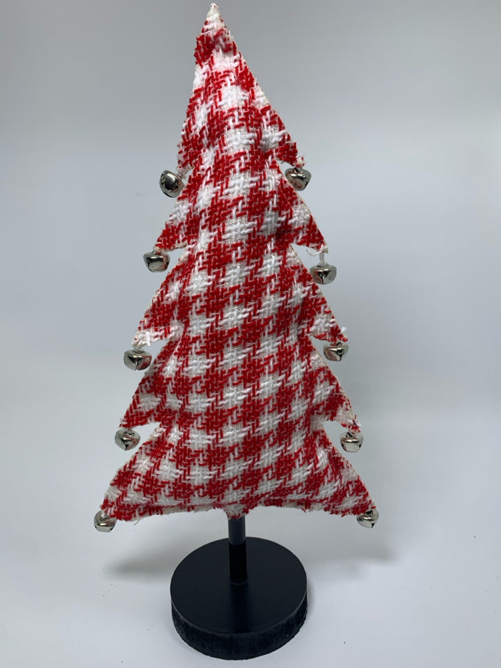 PLUSH RED/WHITE HOUNDSTOOTH CHRISTMAS TREE W/ BELLS.