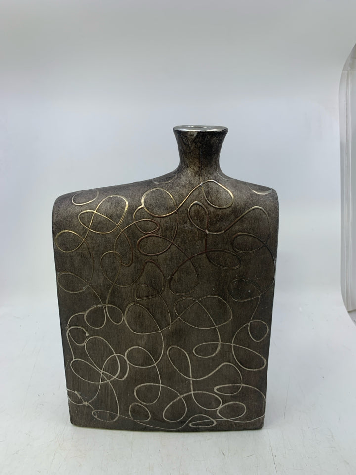 MATTE GREY CERAMIC VASE W/ SILVER SWIRLS OFF CENTERED NECK.