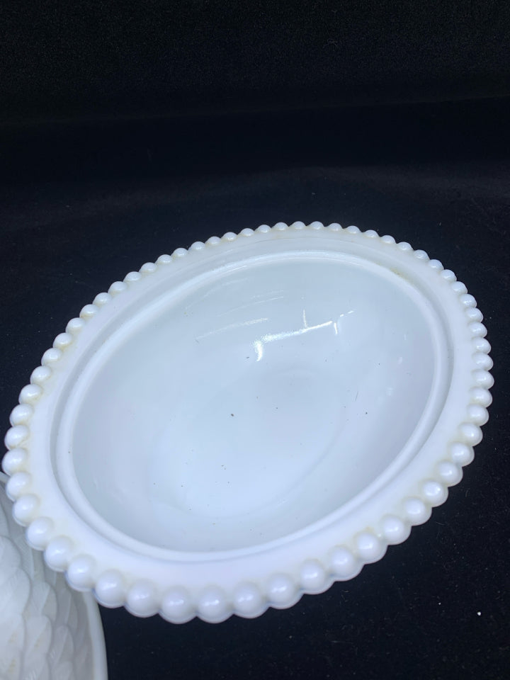 VTG MILK GLASS HEN IN BASKET.