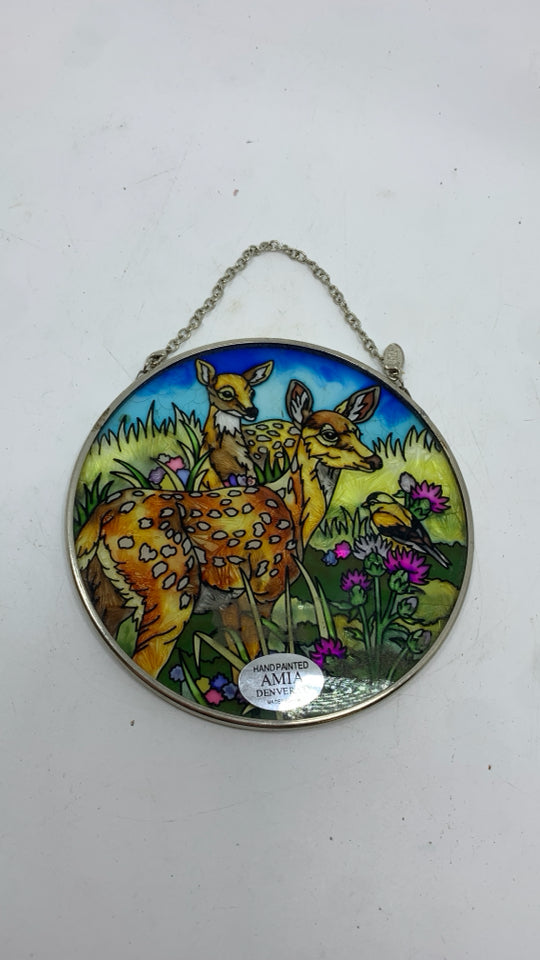 HAND PAINTED DEER W FLORAL SUNCATCHER.