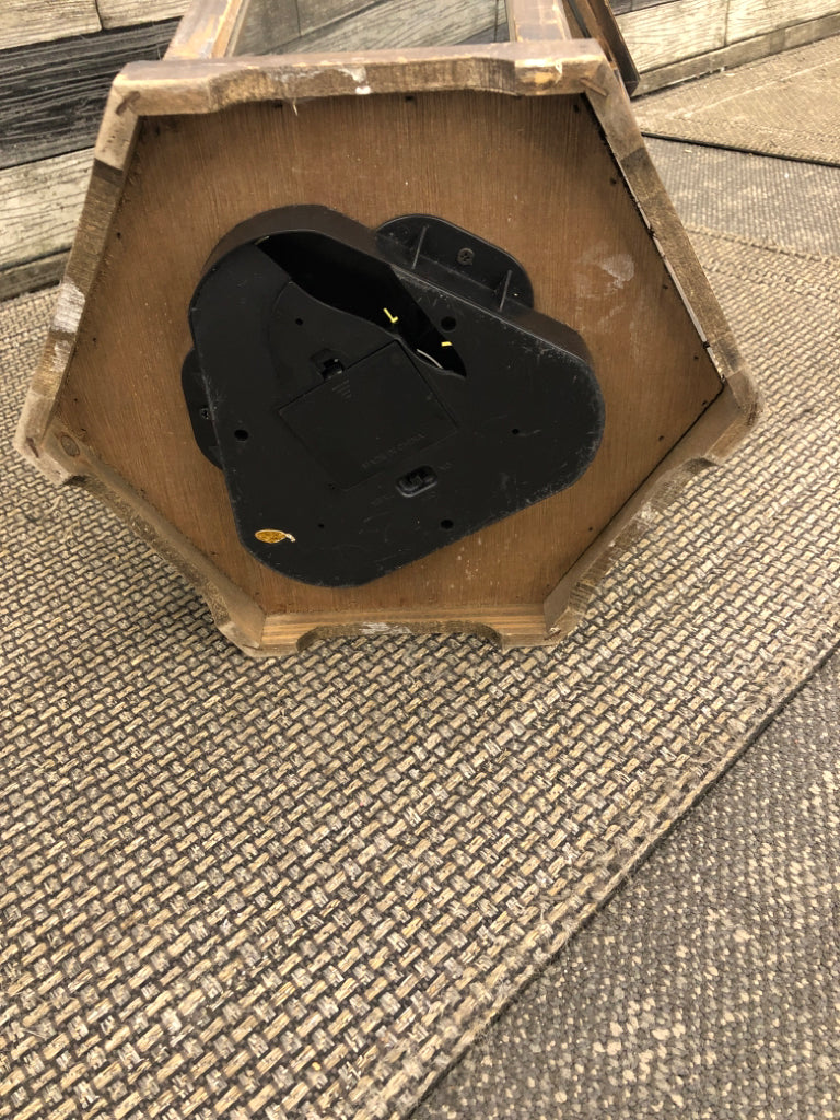 LARGE WOODEN LANTERN W/FAUX CANDLES.