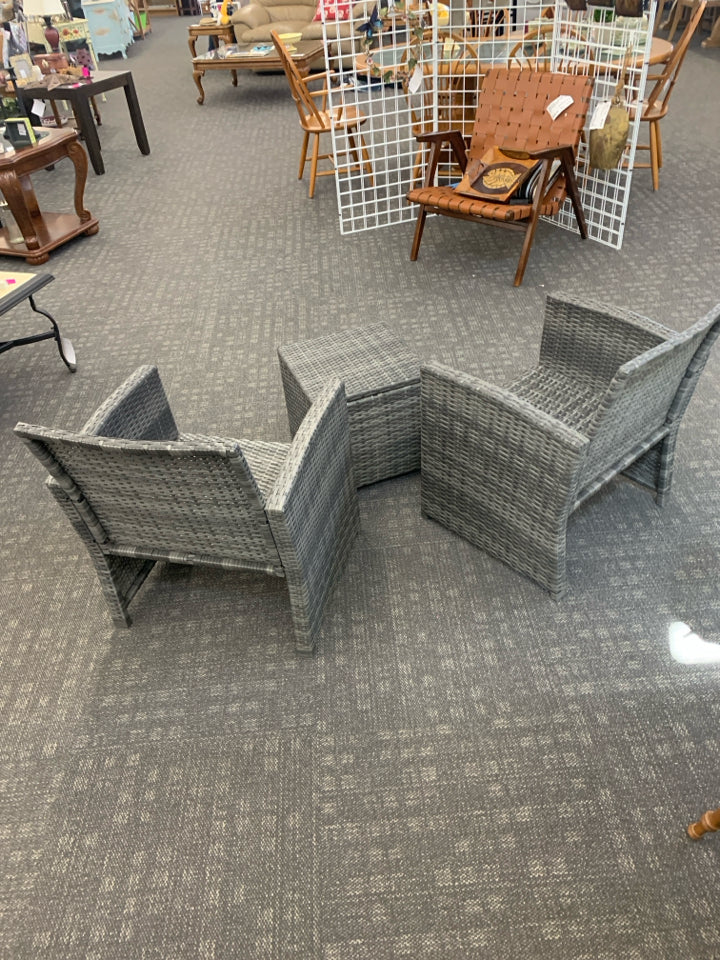 3 PC PATIO GRAY SET 2 CHAIRS W/ SMALL TABLE W/ CUBBY.