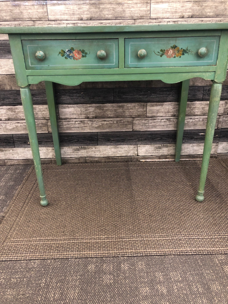 ANTIQUE GREEN PAINTED VANITY/DESK + CHAIR.