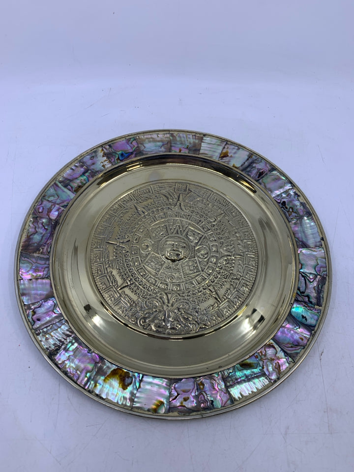 VTG SILVER METAL MOTHER OF PEARL AZTEC SUN CALENDAR.