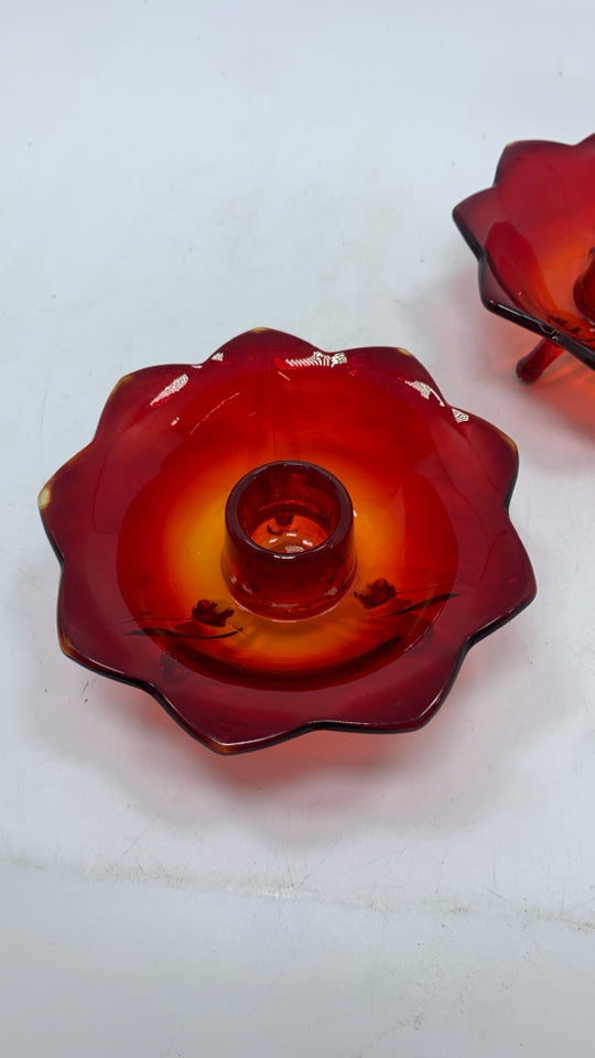 2 VTG AMBERINA GLASS FLOWER SHAPED CANDLE HOLDERS.