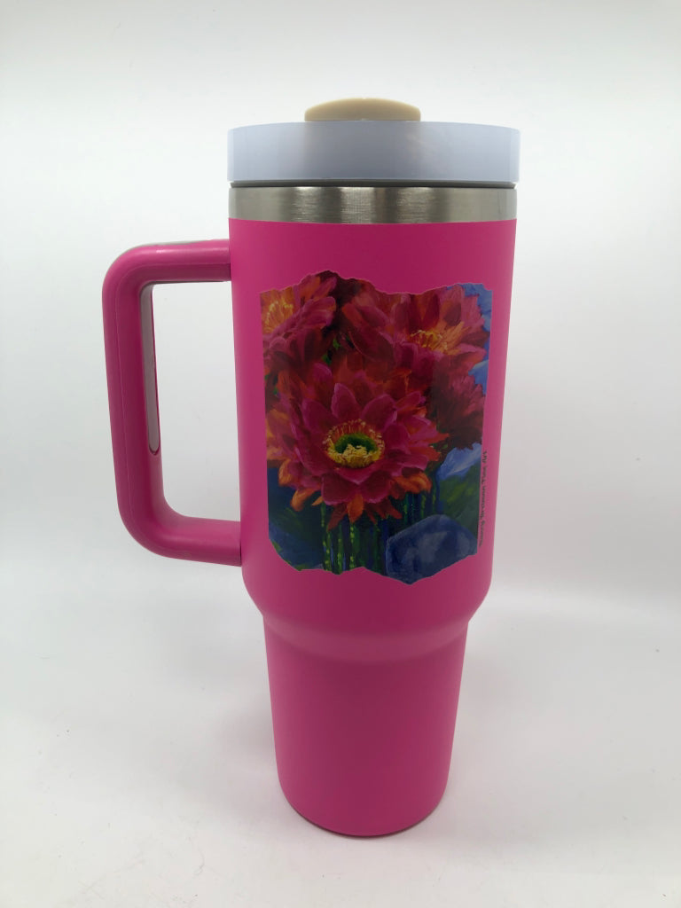LARGE HOT PINK CUP W/FLORAL ART DECAL.