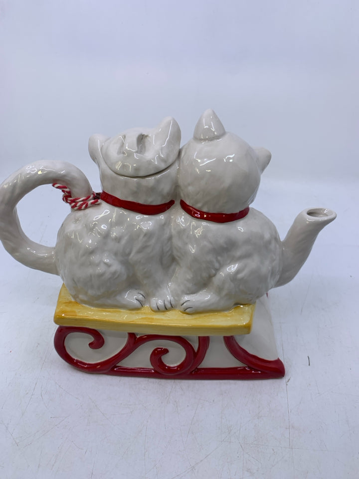 WHITE KITTENS ON SLED TEA POT.