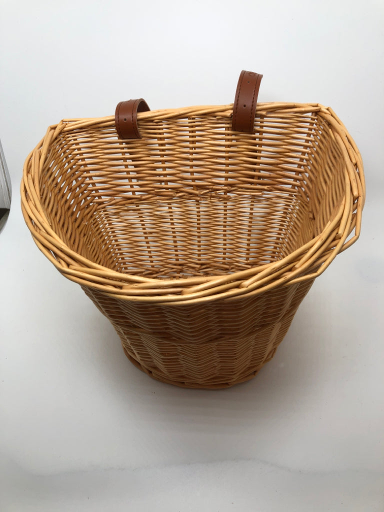 WICKER BIKE BASKET W/FAUX LEATHER STRAPS.
