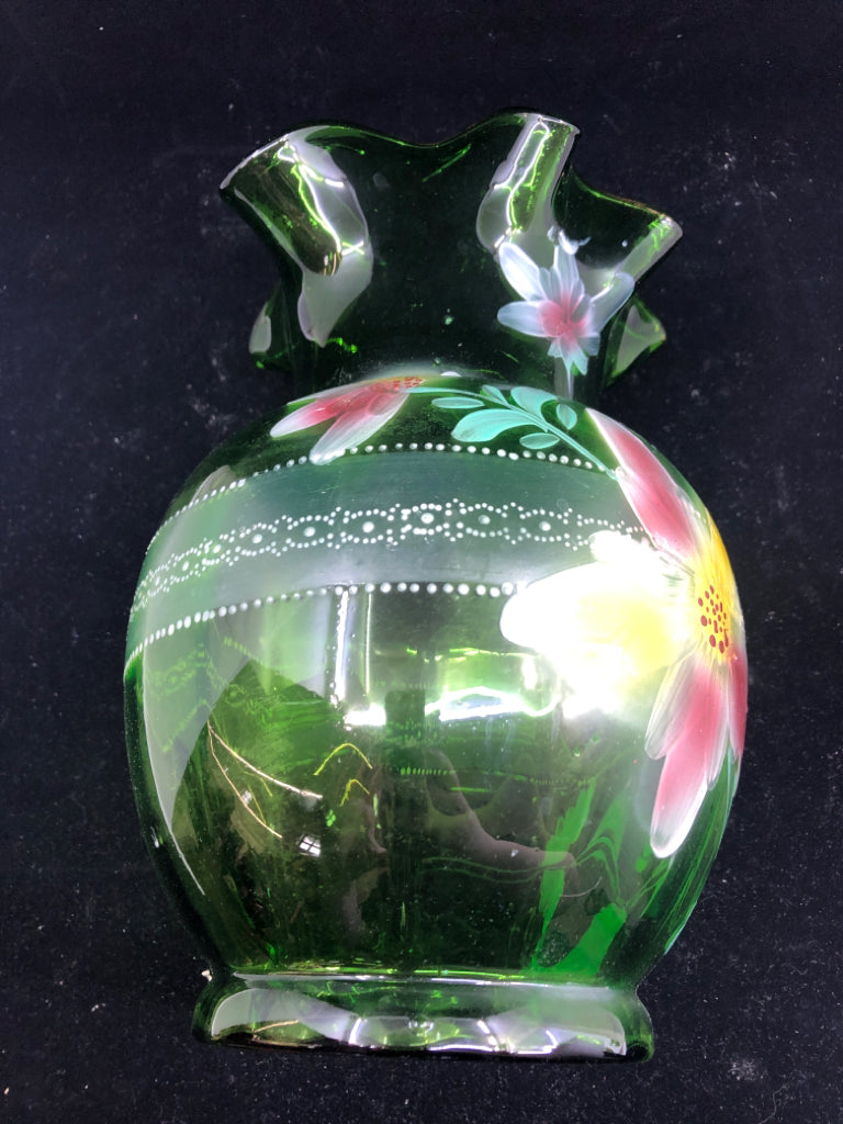 VTG GREEN GLASS PITCHER W PINK AND YELLOW FLROAL.