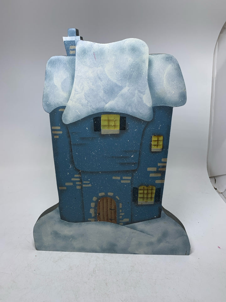 PRIMITIVE STYLE BLUE SNOWY HOUSE DECOR.