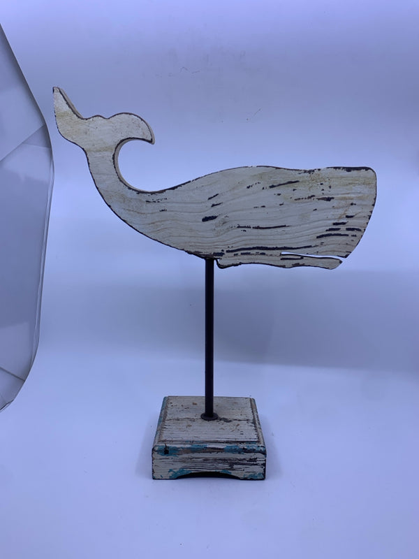 WHITE DISTRESSED WOOD WHALE ON WOOD/METAL STAND.