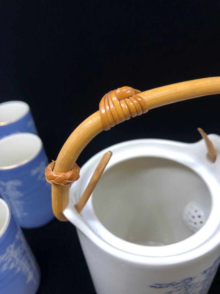 6PC BLUE JAPANESE TEAPOT SET W/PAINTED TREES.