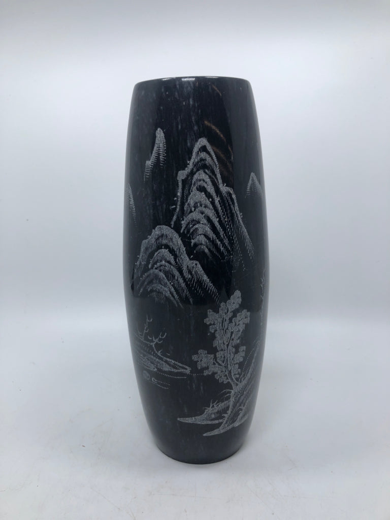 BLACK MARBLE VASE W/ETCHED MOUNTAIN DESIGN.