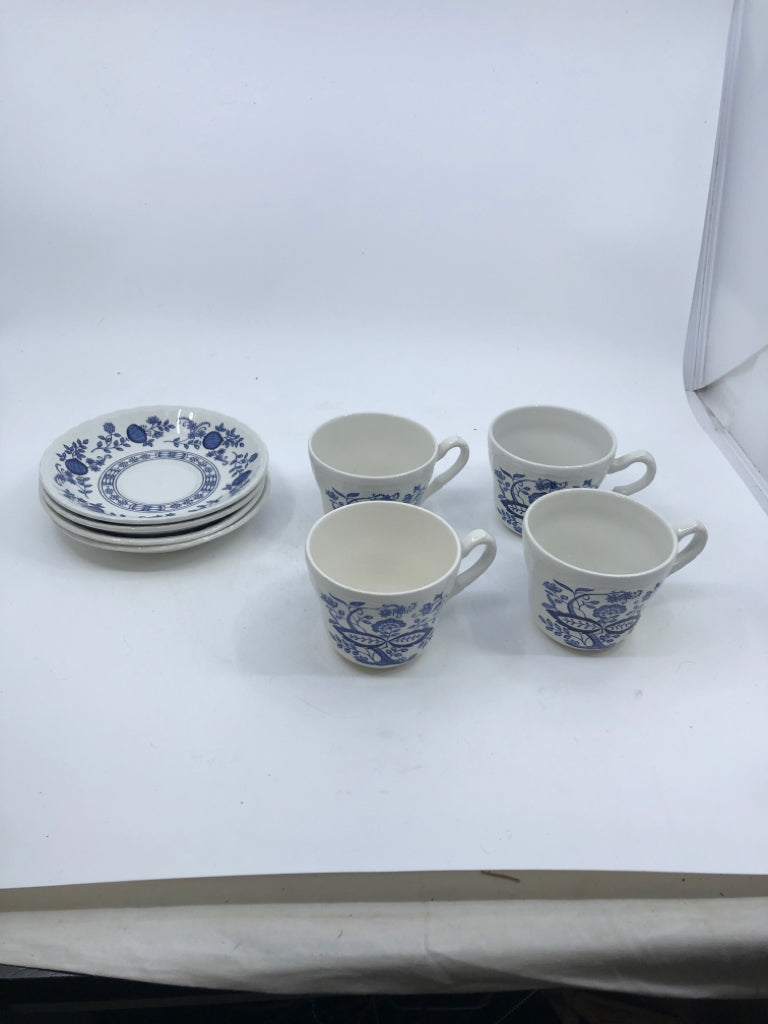 8PC BLUE HERITAGE ONION PATTERN TEA SET- 4 CUPS, 4 SAUCERS.