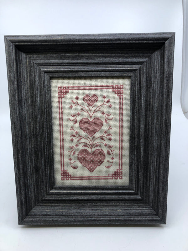 READY HEART EMBROIDER WALL HANGING IN GREY FRAME.