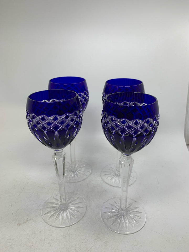 4 LONG STEM CRYSTAL COBALT BLUE WINE GLASSES.
