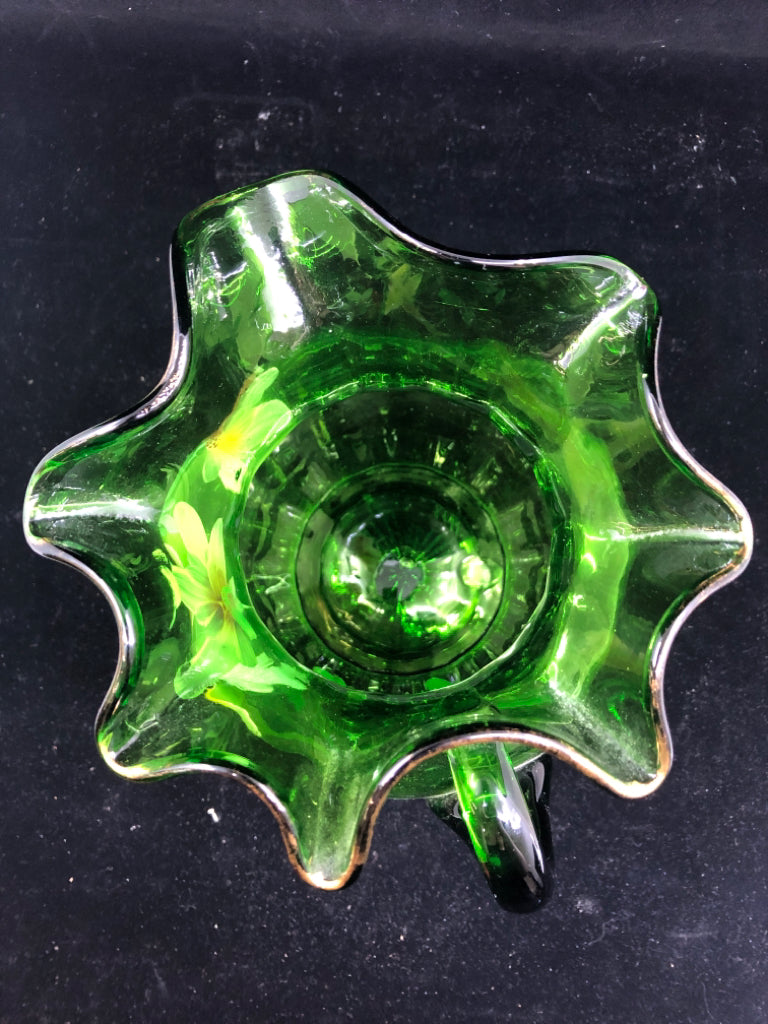 VTG GREEN GLASS PITCHER W PINK AND YELLOW FLROAL.