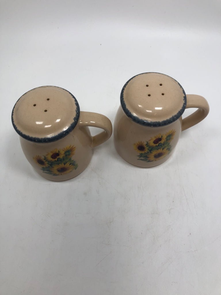 GARDEN PARTY STONEWARE SUNFLOWER SALT AND PEPPER SHAKERS.