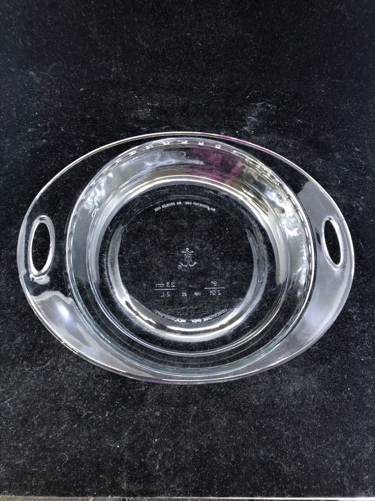 CLEAR GLASS PIE PLATE ANCHOR HOCKING W/ HANDLES.