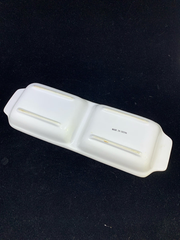 WHITE CERAMIC 2 SECTION SERVING DISH.