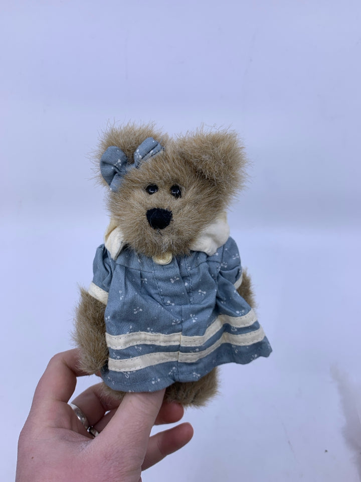 MINI GREY BEAR W/ BLUE DRESS & WHITE STRIPES BOYDS BEAR.