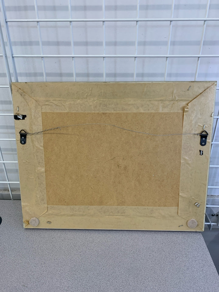 WHITE FLOWER PRINT IN SHADOWBOX GOLD FRAME.