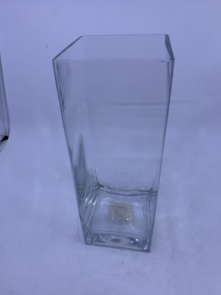 TALL SQUARE THICK GLASS VASE.