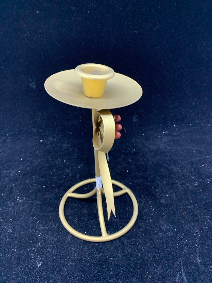 GOLD MATTE FINISH TAPER CANDLE HOLDER W/ HOLLY.
