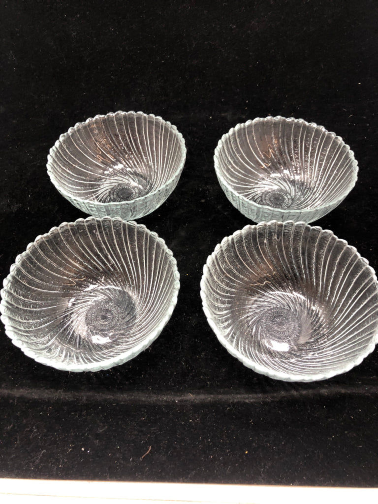 4 CLEAR GLASS SWIRL BOWLS.