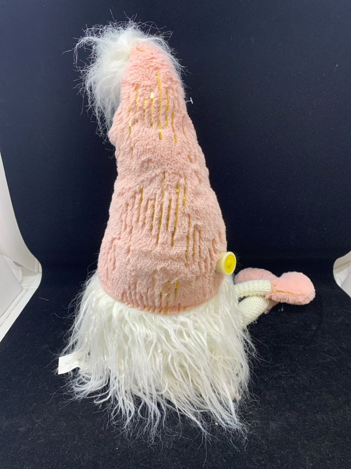 SHELF SITTING GNOME LIGHT UP PINK HAT.