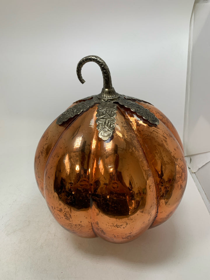 LARGE HEAVY ORANGE MERCURY GLASS PUMPKIN W/ METAL STEM.
