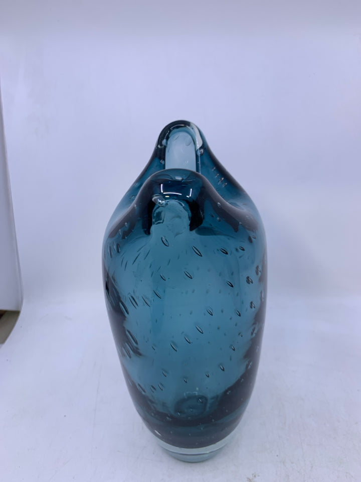HEAVY BLOWN GLASS DARK BLUE VASE W/ BUBBLES FOLDED NECK.