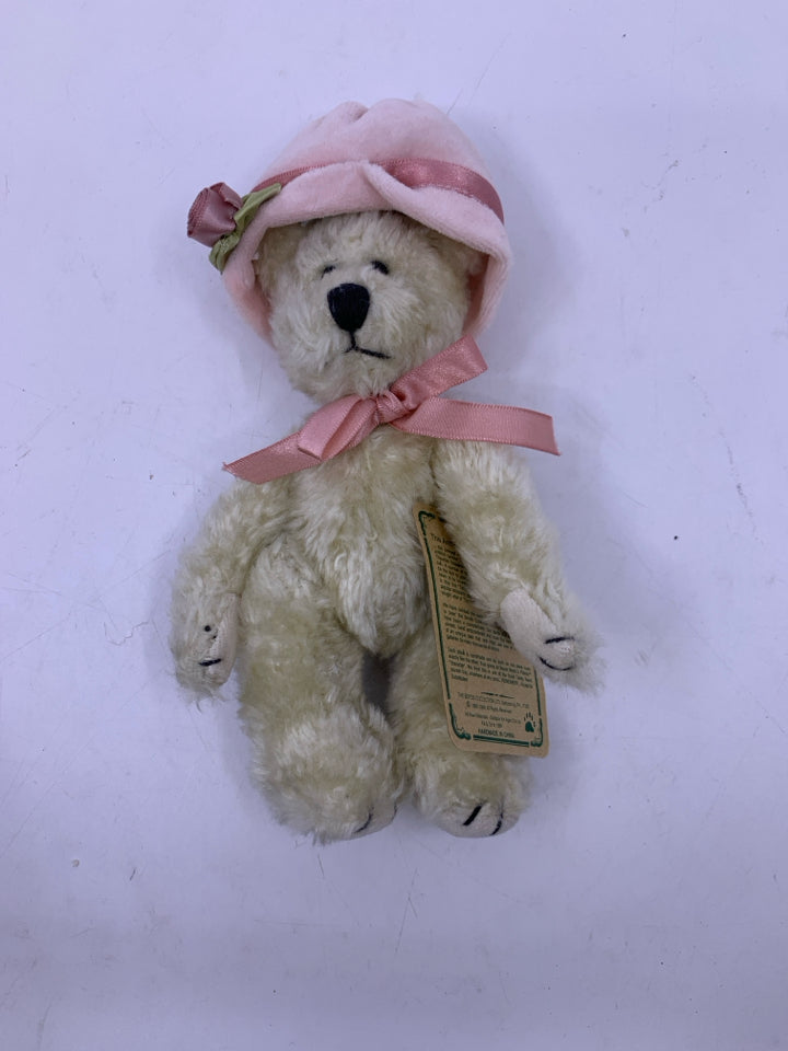 SMALL WHITE SHAG BEAR W/ PALE PINK HAT BOYDS BEAR.