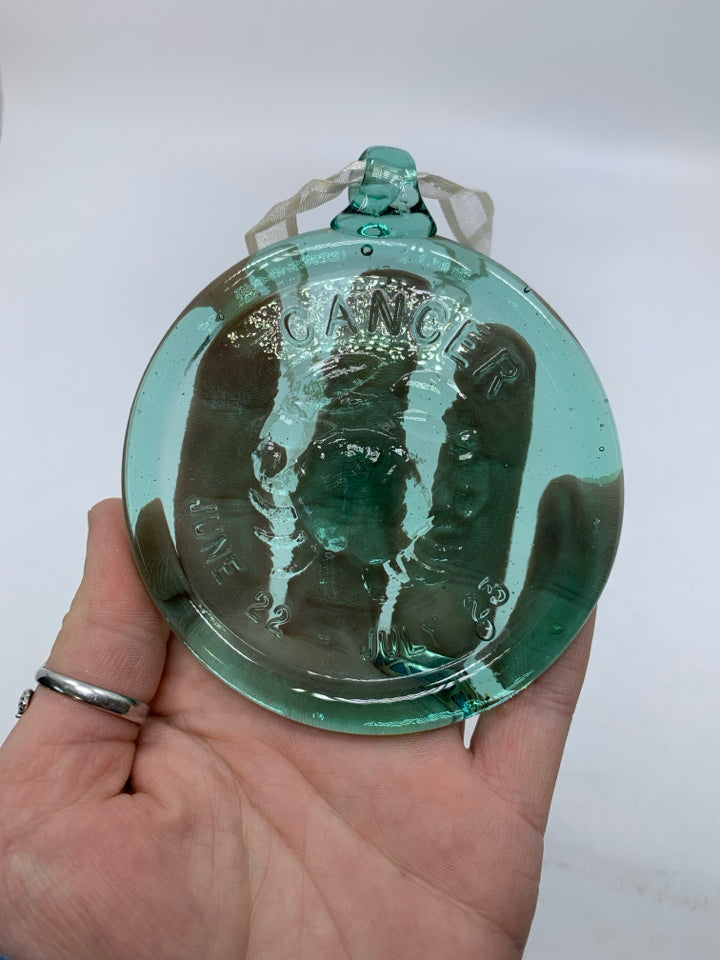 LIGHT TEAL GLASS CANCER ZODIAC SUNCATCHER.