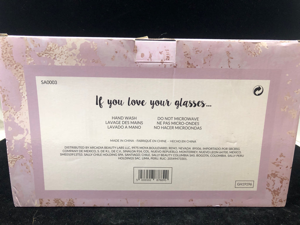 NIB 4 PC CELEBRATION WORDS STEMLESS CHAMPAGNE FLUTES.