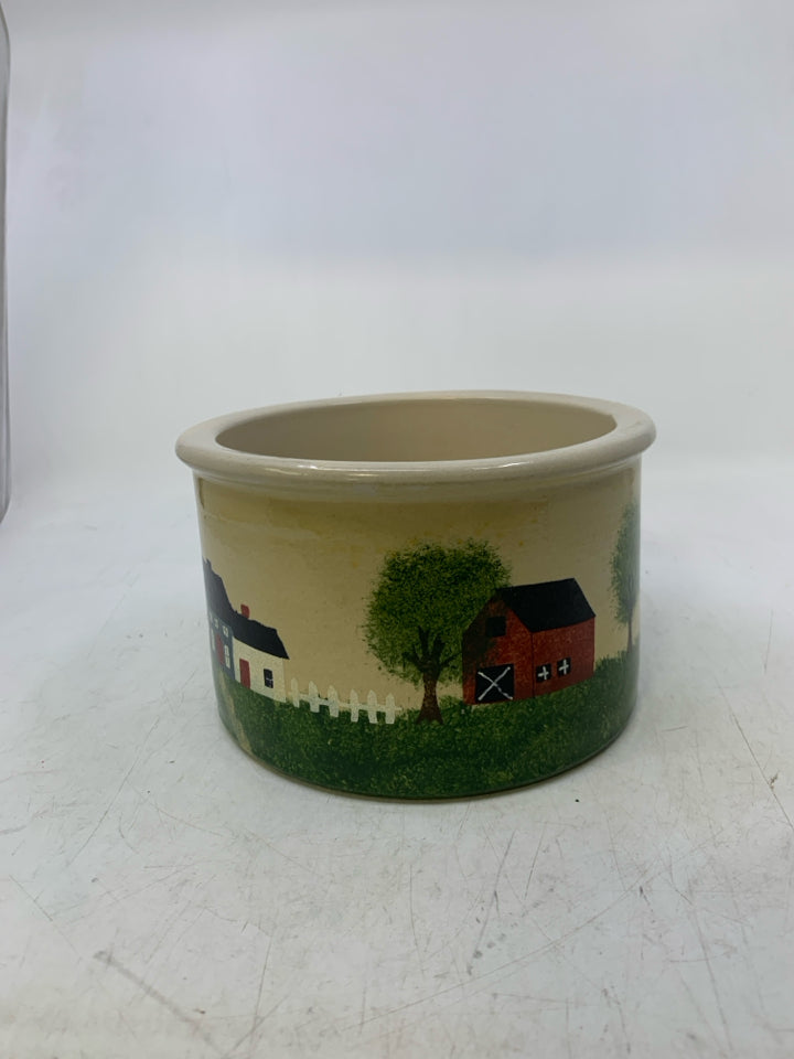 CROCK W/ PRIMITIVE STYLE HOUSES,TREES AND BARN.