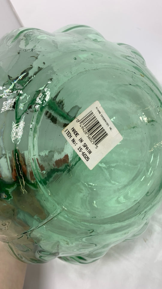 GREEN GLASS LARGE APOTHECARY JAR W/BUBBLE LID.